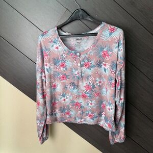 Hurley Women Small Tropical Floral Henley Top Pink Blue Elastic Hem Long Sleeve